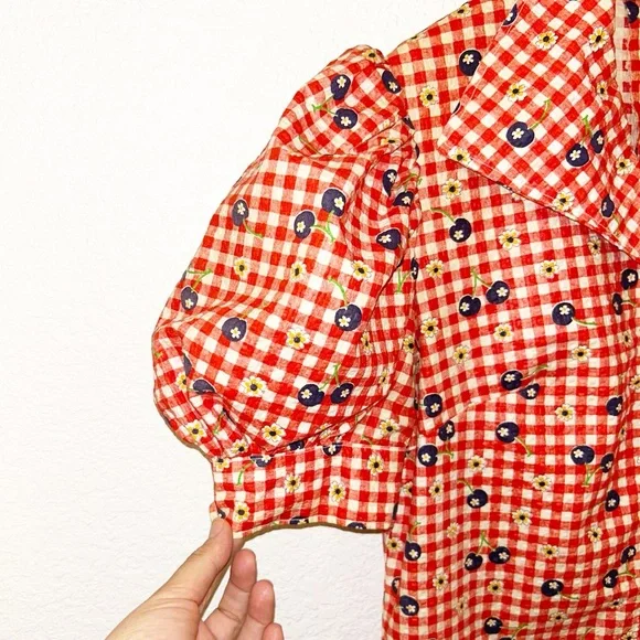 VINTAGE Handmade Seersucker Gingham & Blueberries Collared Mini Dress SZ: SMALL - Picture 4 of 11